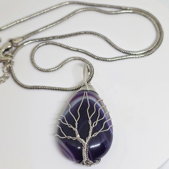 Tree of Life Silver Wrap Teardrop Purple Amethyst Teadrop Agate Pendant Necklace - Picture 2 of 12